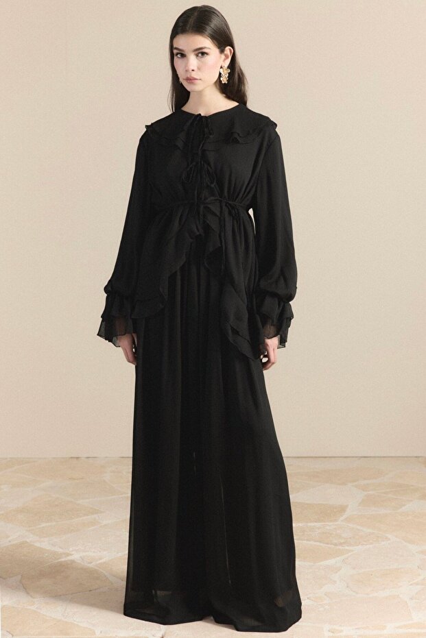 Imported Fabric Collar and Sleeve V Ruffled Chiffon Set
