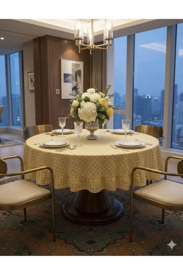 Round Ruffled Gingham Tablecloth