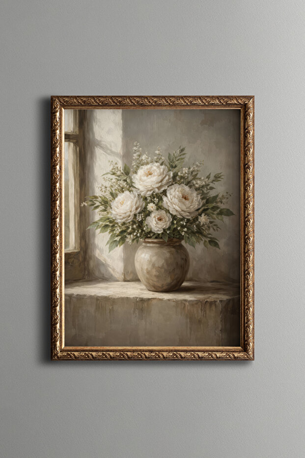 White Peony Bouquet – Vintage Patterned Frame – Slim Model