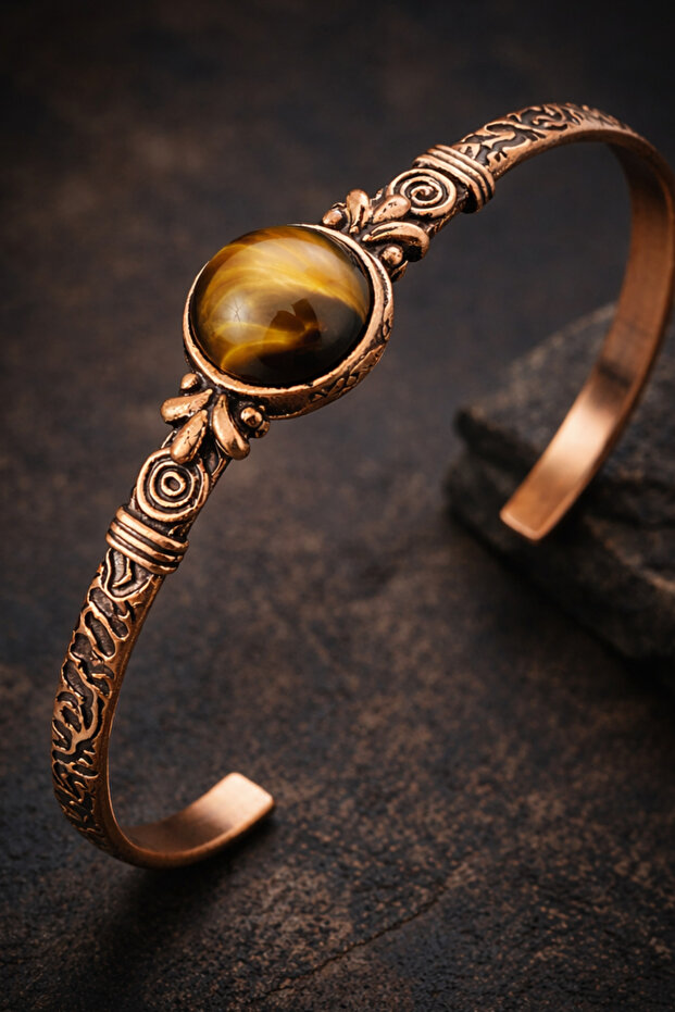Tiger's Eye Stone Copper Bracelet Handmade Antiallergic Adjustable Bracelet for Women