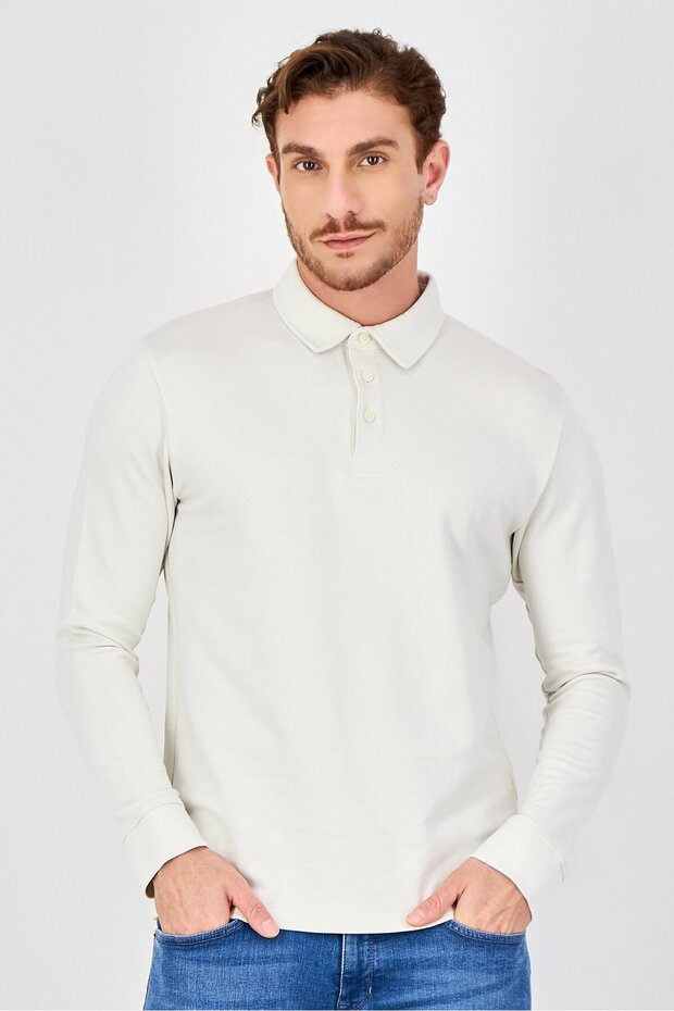 Men Regular Fit Long Sleeve Solid Polo Shirt, Ivory