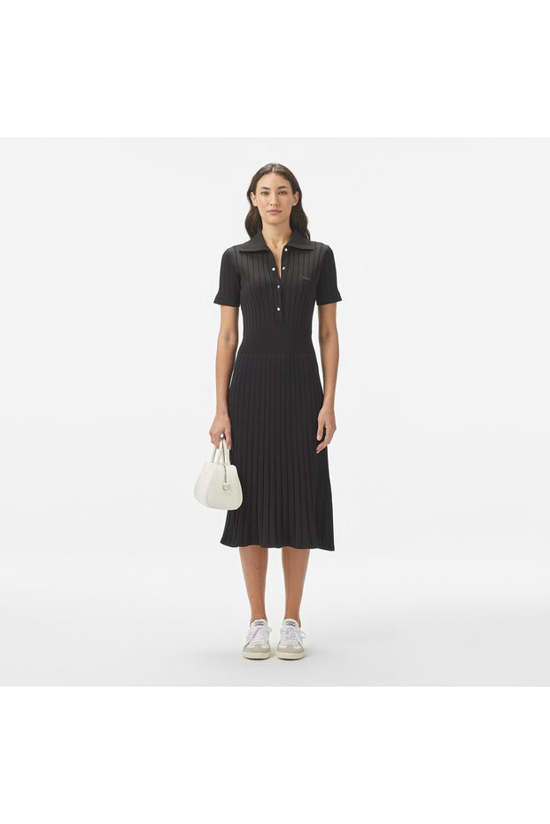 Women's Flare Fit Short Sleeve Polo Neck Black Dress