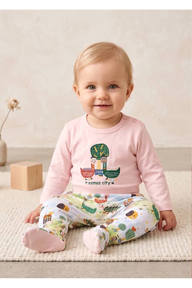 Organic Dino Embroidered Pink Spring Baby Girl Set with Booties