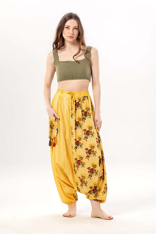 Authentic Summer Women's Tasseled Poplin Shalwar with Elastic Waistband Yellow Yellow