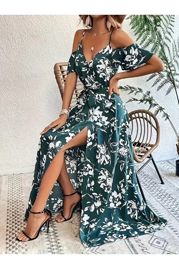 فستان نسائي من قماش السوبر جيرسيه بأكمام قصيرة وياقة مزدوجة الصدر وفتحة جانبية وحزام من الخيوط