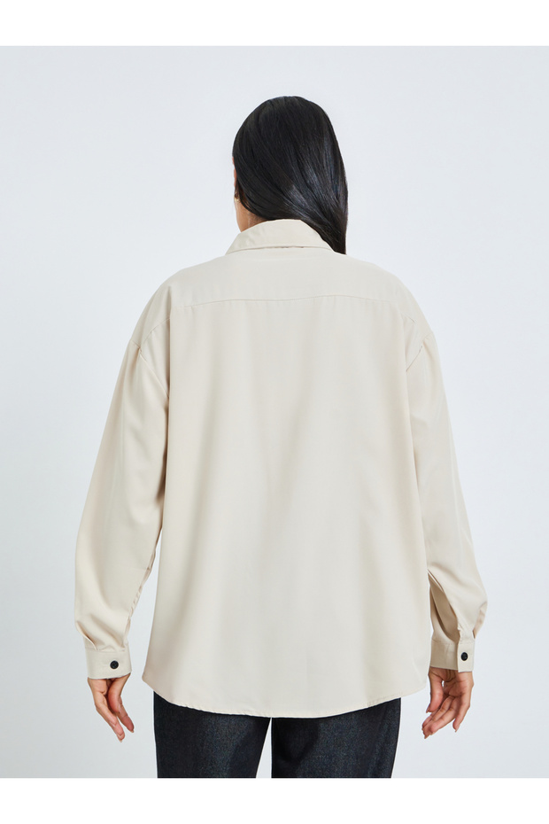Beige Solid Double-Placket Oversized Shirt - 5