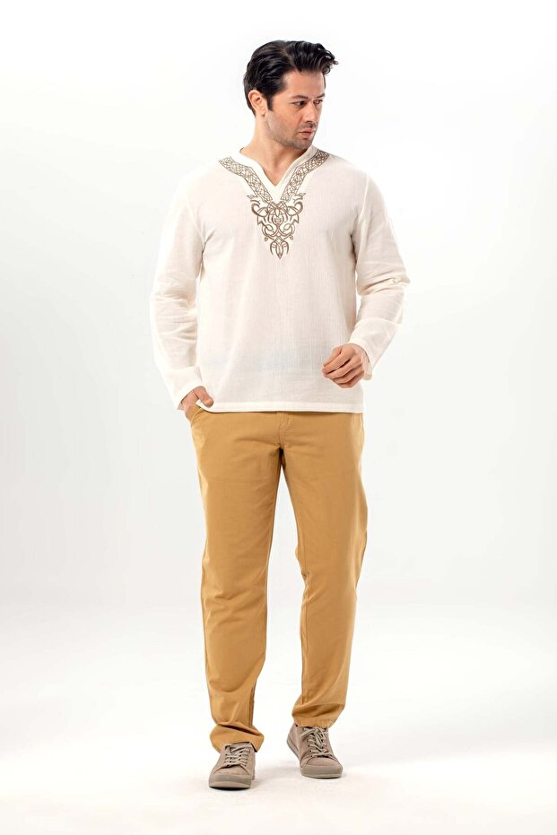 Long Sleeve Midas V-Neck Embroidered Şile Cloth Men's T-Shirt |   Summer Men's Tshirt Cream Krm