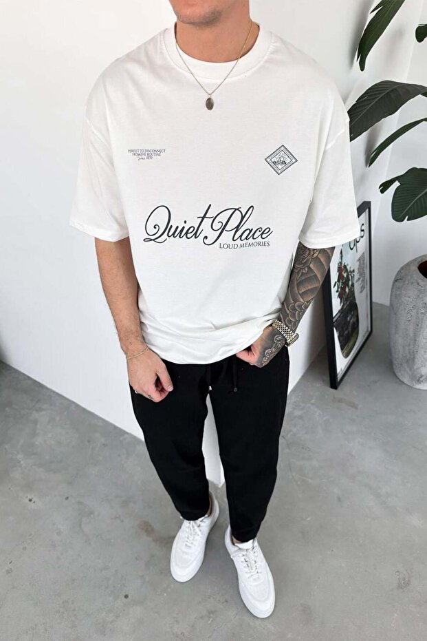 White Quiet Printed Oversize T-Shirt