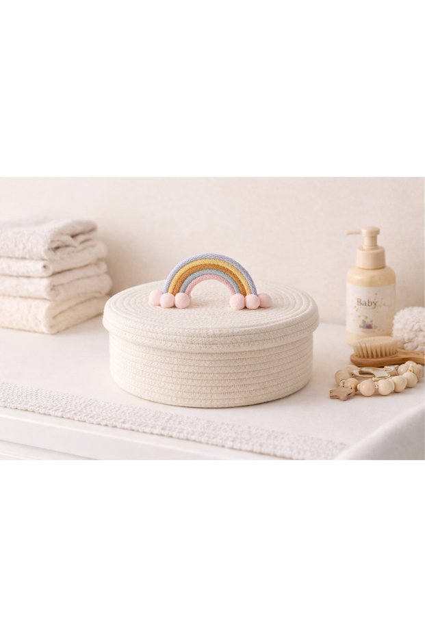 Toy Basket Baby Room – Wicker Basket with Lid Children's Room Organizer Rainbow Decorative Basket