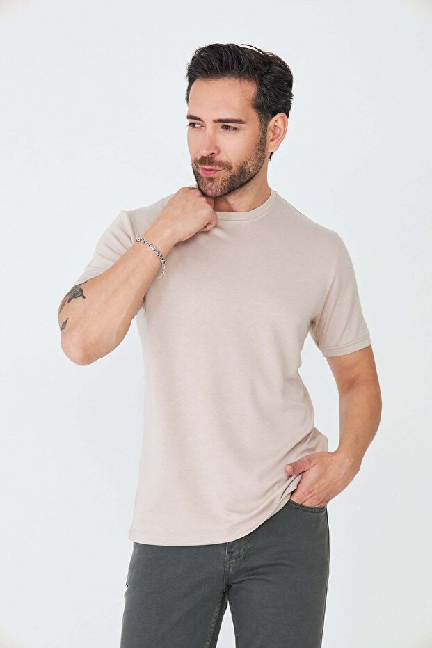 Beige Crew Neck Basic T-Shirt - 6