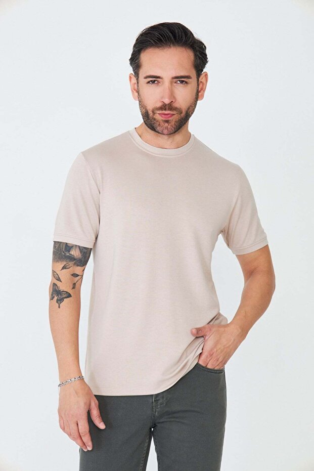 Beige Crew Neck Basic T-Shirt - 5
