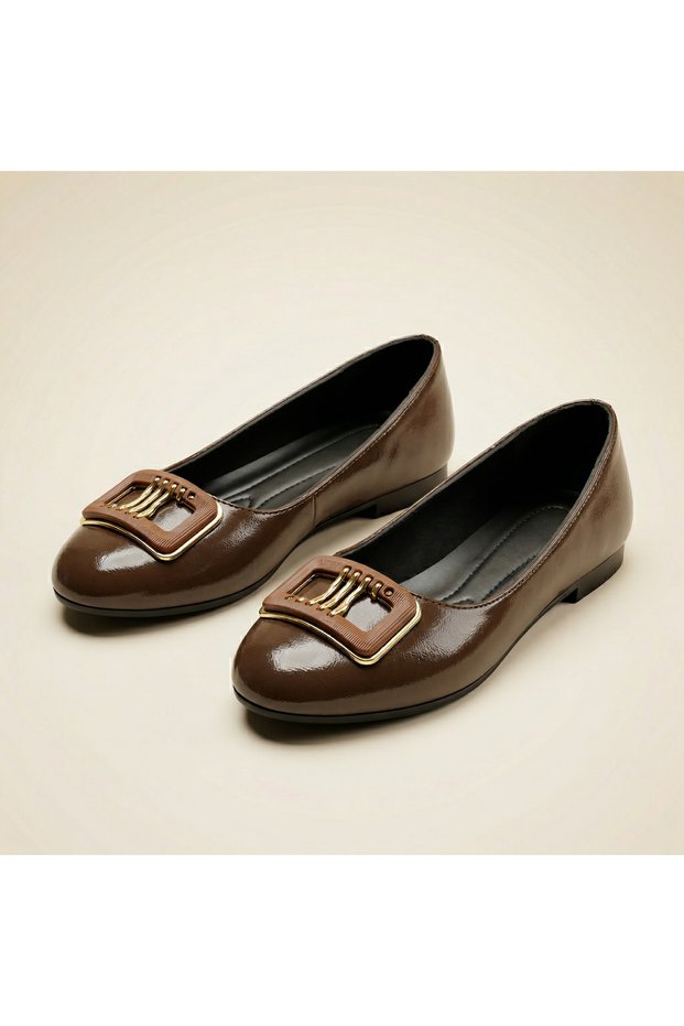 Women's Gold Buckle Ballerina Flats with Orthopedic Sole, Comfortable and Stylish Design, Suitable for Daily & Office Use
