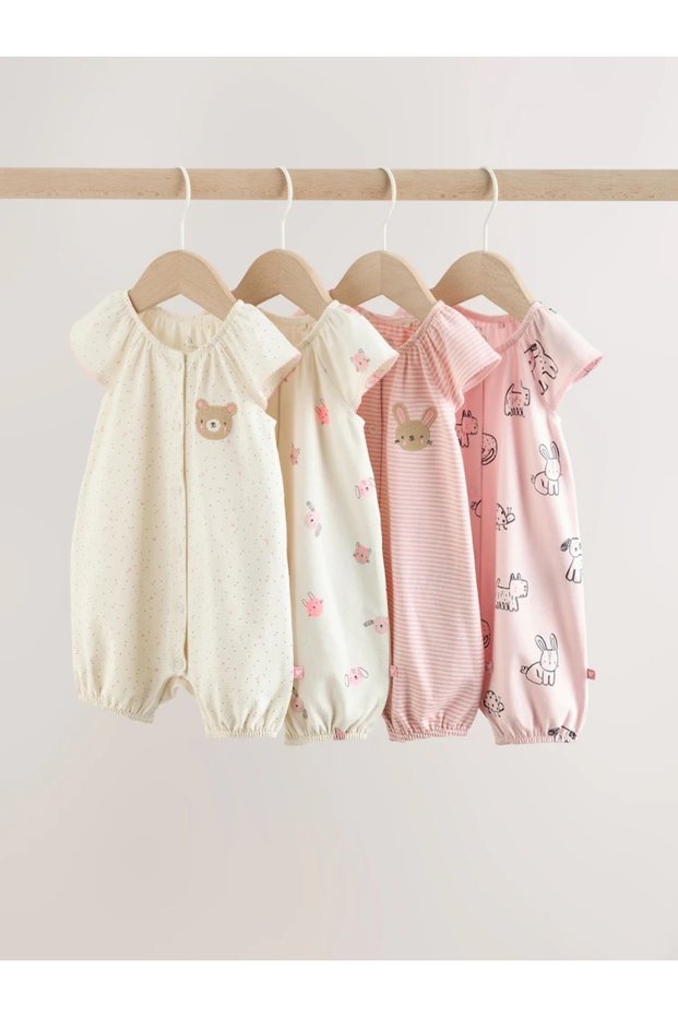 Pink Colored, Character Printed, Buttoned, Jersey Baby Rompers, Pack of 4