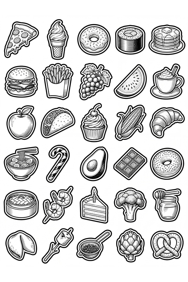 30 Pieces Black and White Food Illustration Sticker Set - for Agenda Notebook Laptop