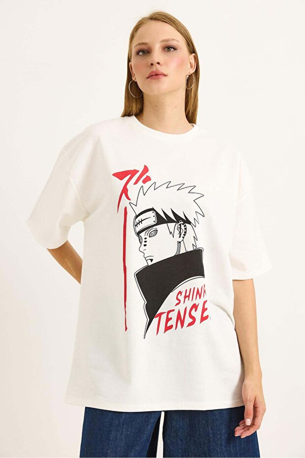 Printed Oversize Crew Neck Tshirt White