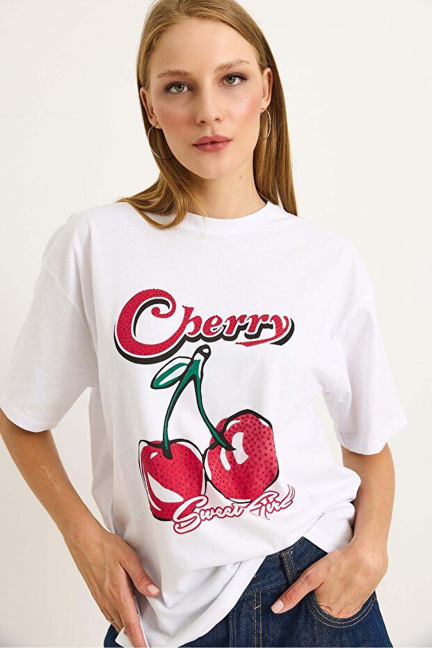 Printed Crew Neck Women's Tshirt White