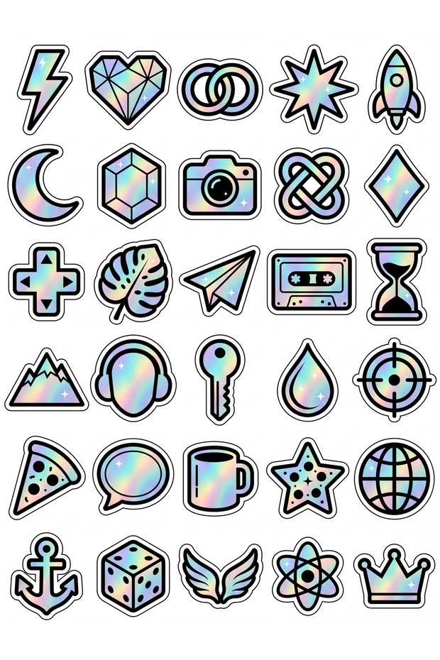 30 Pieces Holographic Shiny Icon Sticker Set - for Laptop, Phone, Agenda