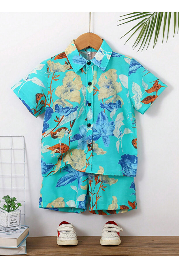 Boys Floral Print Short Sleeve Shirt and Shorts Set