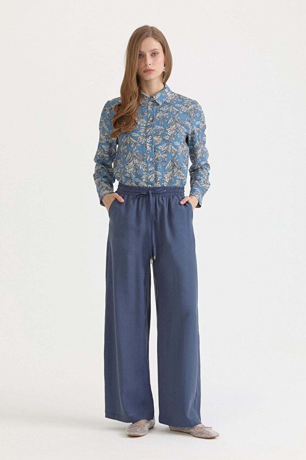 Elastic waist wide leg lyocell pants indigo