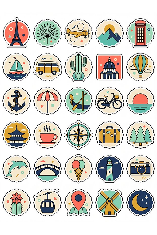 30 Pieces Retro Travel Icons Sticker Set - Suitcase Laptop Notebook Phone