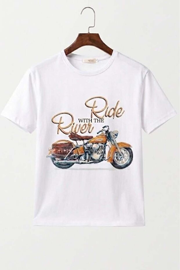 Women's Crew Neck Motor Printed Tshirt White