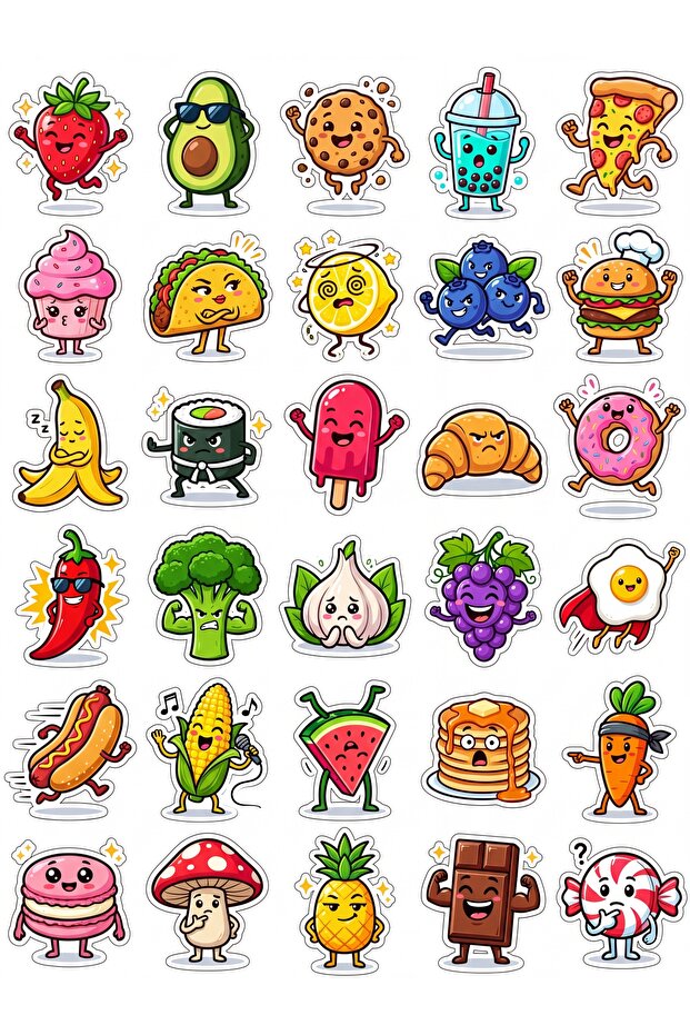 30 Pieces of Bright Food Characters Sticker Set - for Laptop, Notebook, Agenda