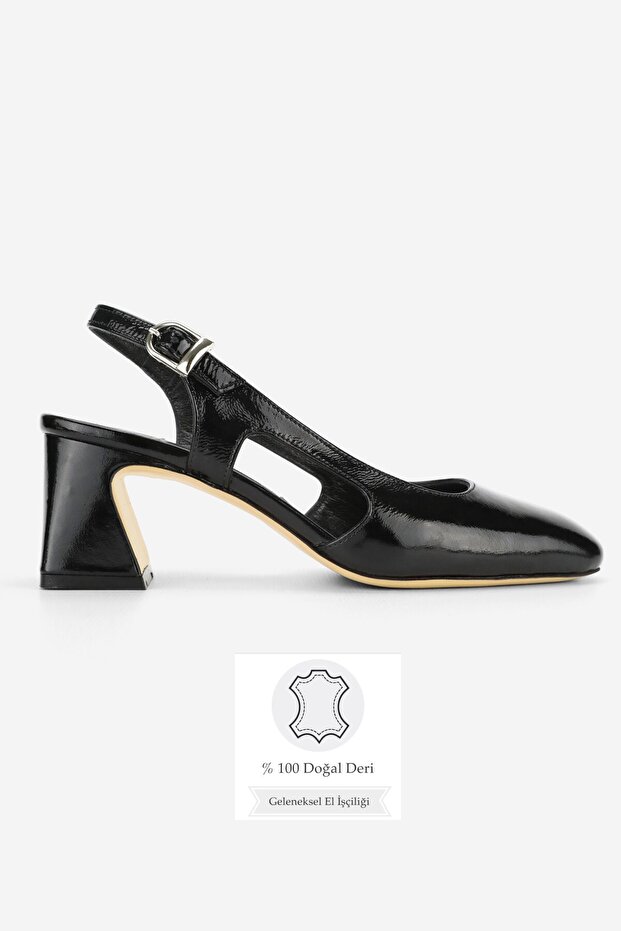 Women's Black Patent Leather Genuine Leather Size 35-41 Medium Heel Open Back Square Toe Shoes