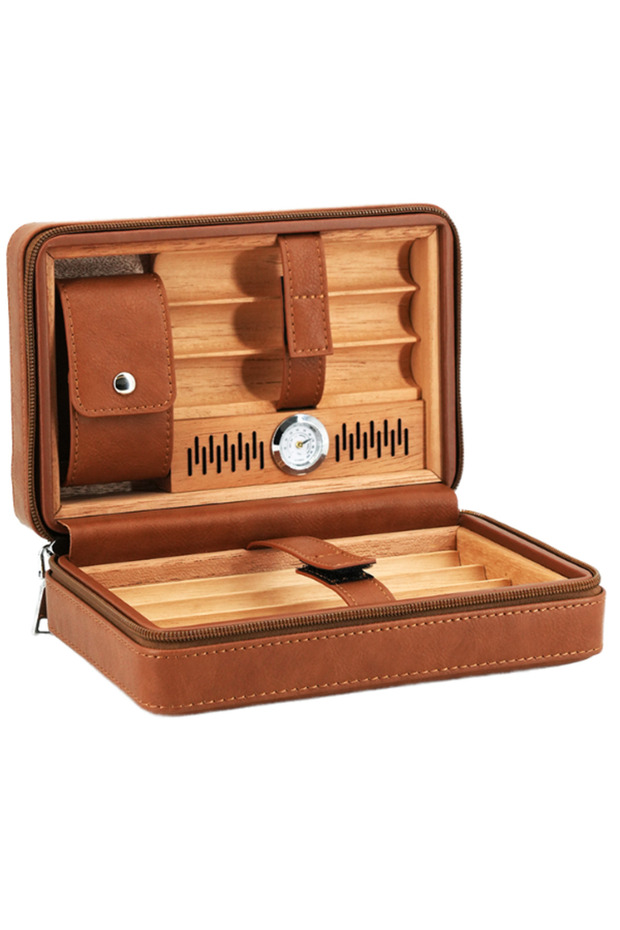 Brown Portable Cigar Humidor Leather Cedar Wood Case Lacquer Lighter Luxury Design 6-Cigar Capacity