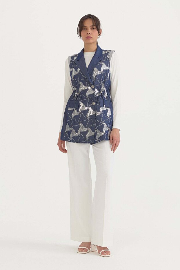 Fabric mix sequin detailed rayon vest indigo