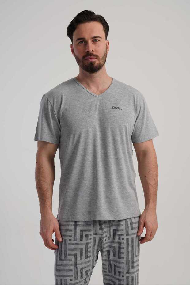 Men's Gray Lyc Suprem V-Neck Short Sleeve Pajama Top