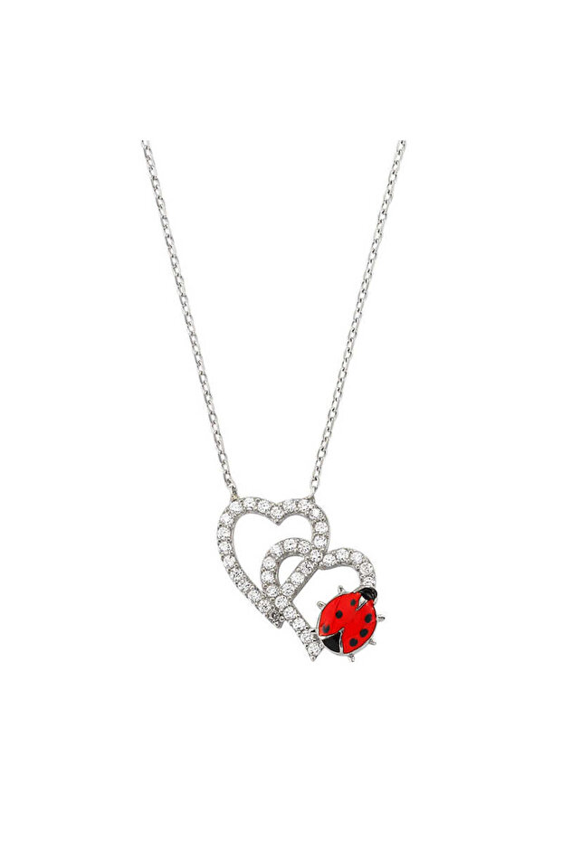 Lucky and Loving Silver Double Heart Necklace - Featuring Ladybug Detail