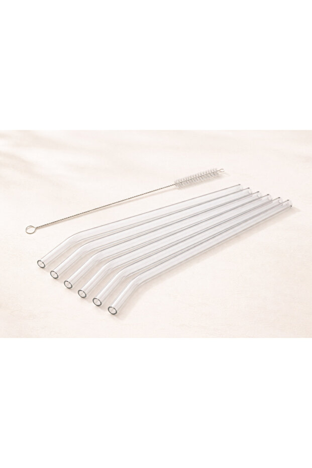 6-Piece Borosilicate Glass Curved Straw Set 23 cm with Cleaning Brush Convenient and Durable