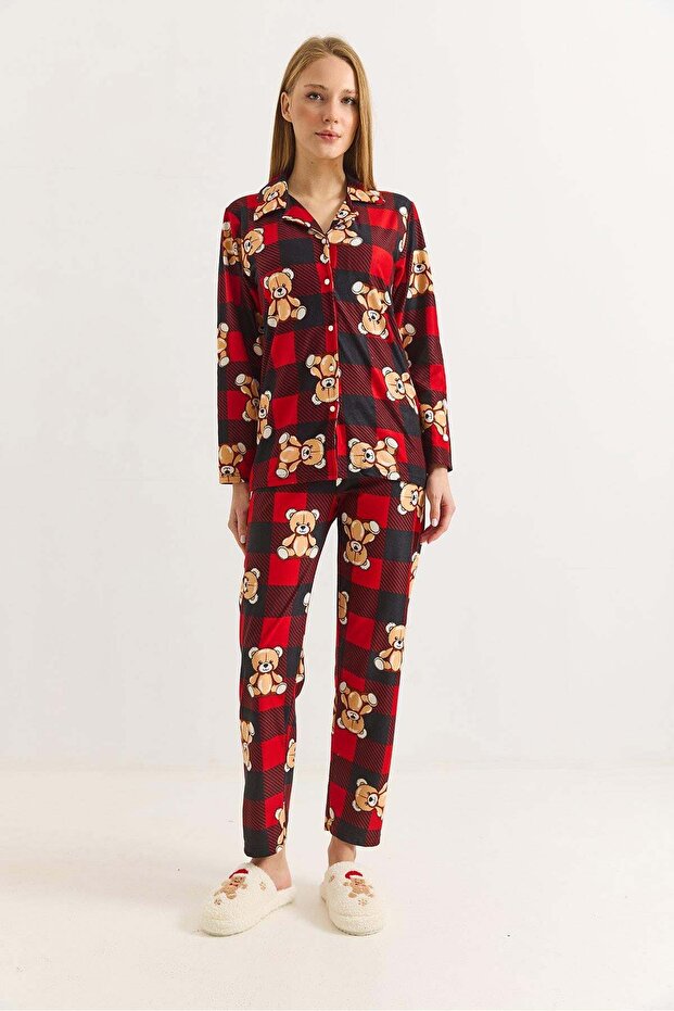Women's Red Cotton Polo Collar Teddy Bear Printed Polo Collar Pajama Set