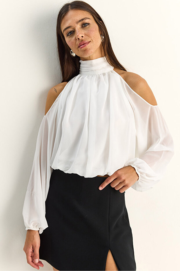 Women's White Off-The-Shoulder High-Neck Lined Chiffon Blouse with Elastic Hem 1020 60286089