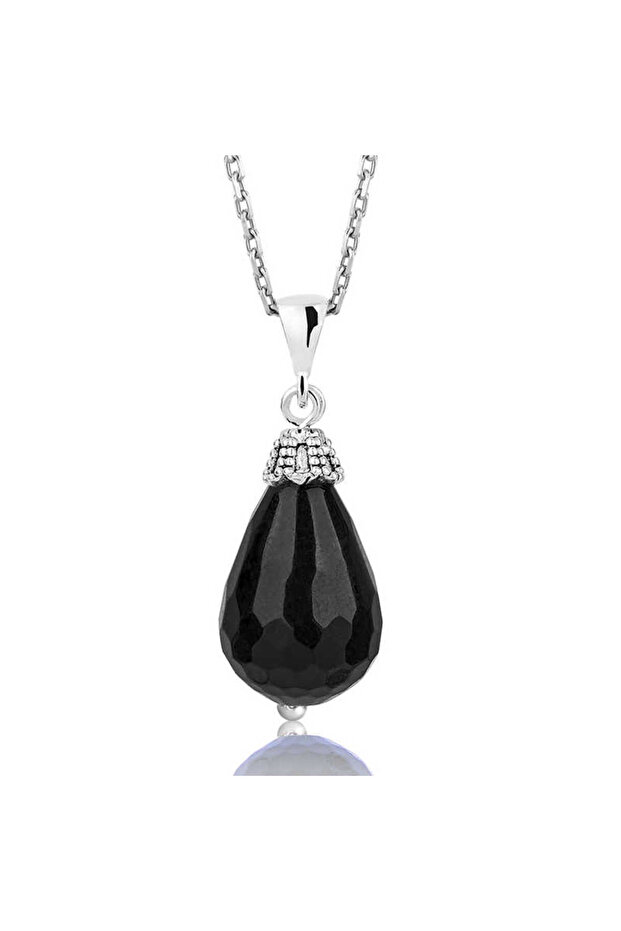 Black Onyx Natural Stone Faceted Design Silver Pendant and Chain