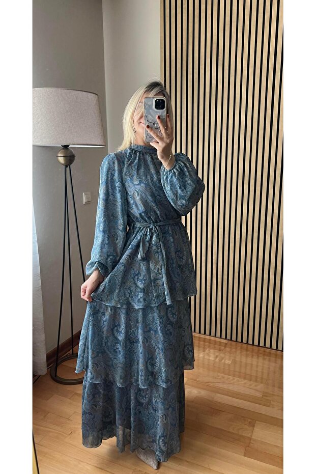 Lavinya Layered Chiffon Dress with Flounces, Hijab Compatible, Long Dress with Patterned Shawl