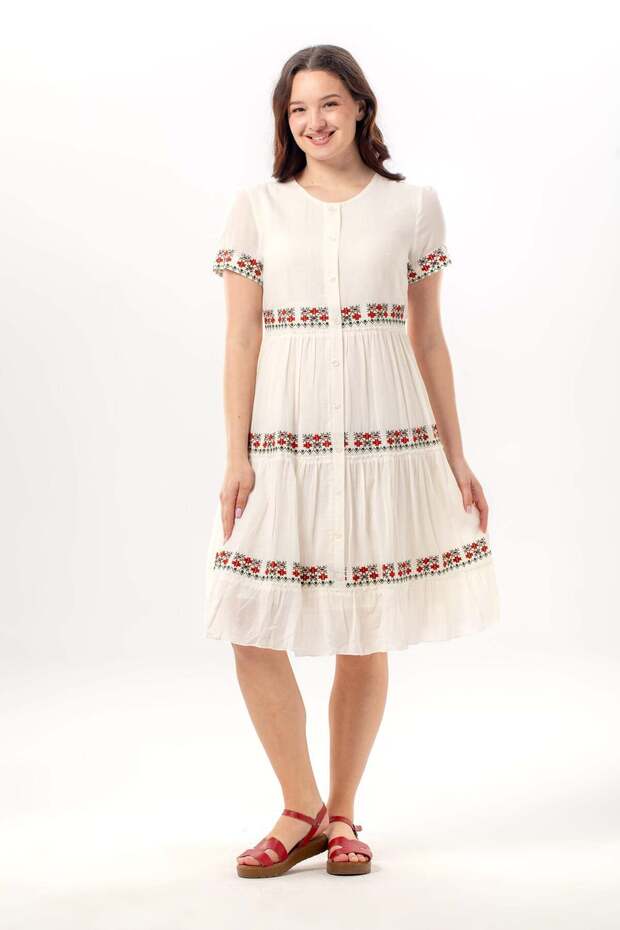 Short Sleeve Crew Neck Embroidered Authentic Voile Short Dress Cream Krm