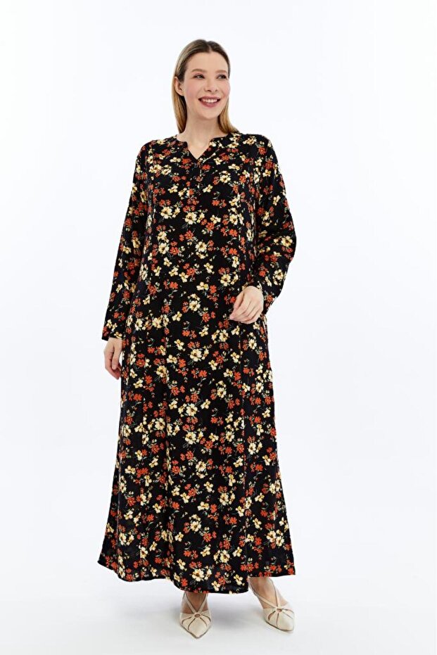 Black with Yellow and Orange Crispy Flowers Plus Size Viscose Long Sleeve Cupped Mother's Dress