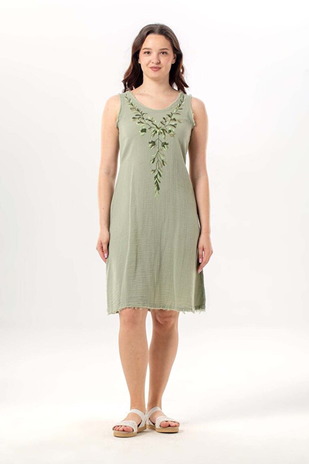 Sleeveless Lidya V-Neck Muslin Embroidered Summer Short Dress Olive Green Zytnysl