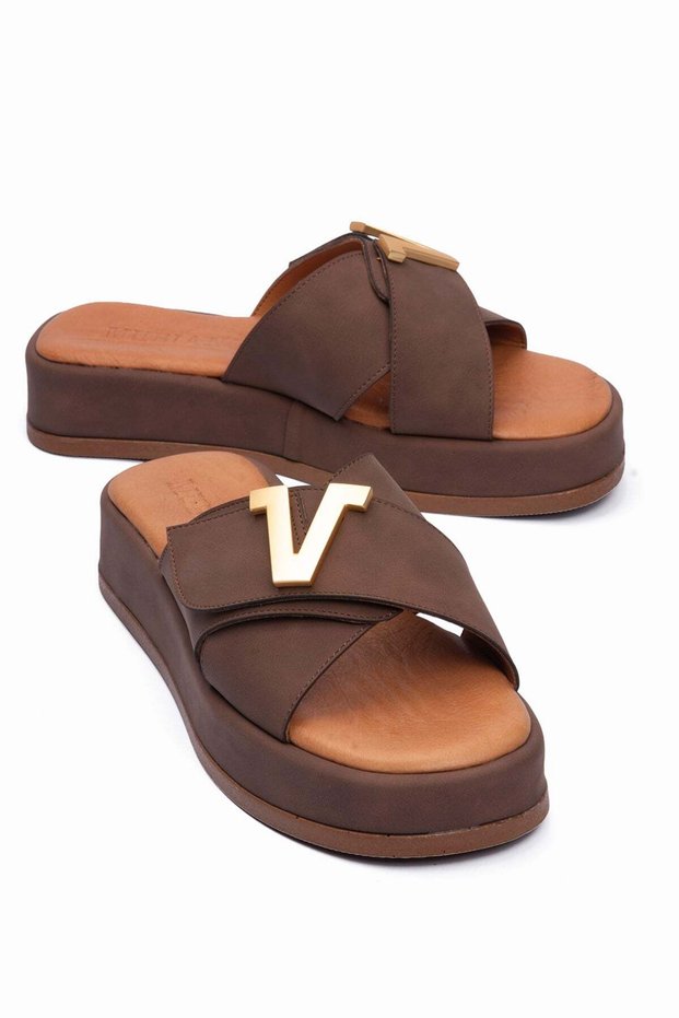 Women's Nubuck Slippers with Genuine Leather Insole, Gold Metal Detail, Thick Sole, Venice Brown