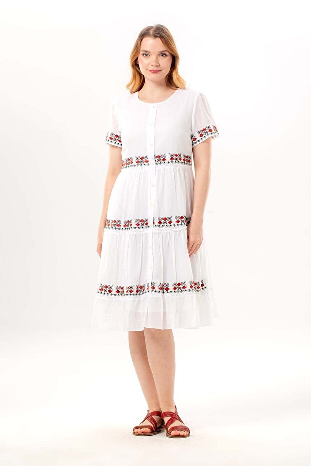 Short Sleeve Crew Neck Embroidered Authentic Voile Short Dress White Byz