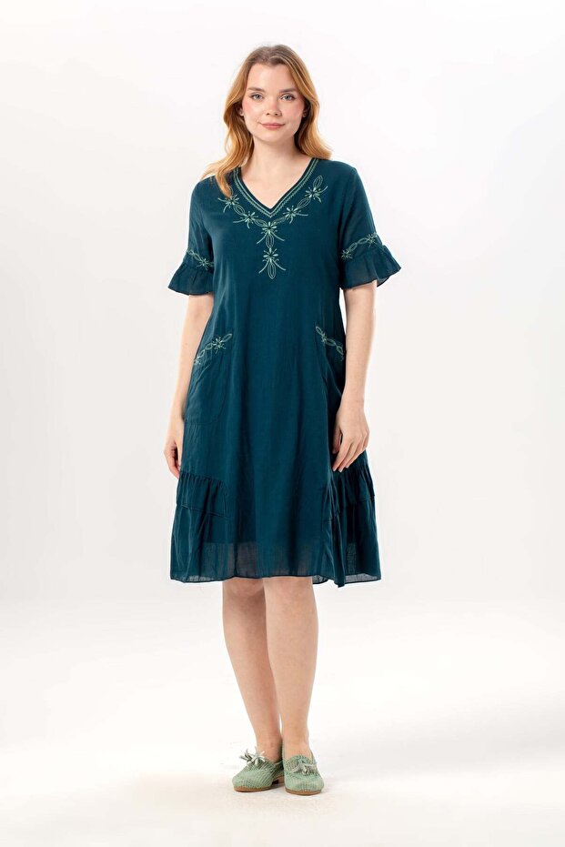 Short Sleeve Helin V-Neck Embroidered Side Pocket Summer Voile Short Dress Petrol Ptrl
