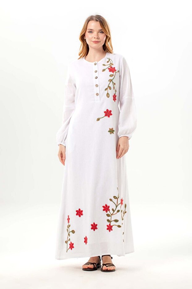 Long Sleeve Spring Buttoned Crew Neck Floral Embroidered Summer Sile Fabric Long Dress White Byz