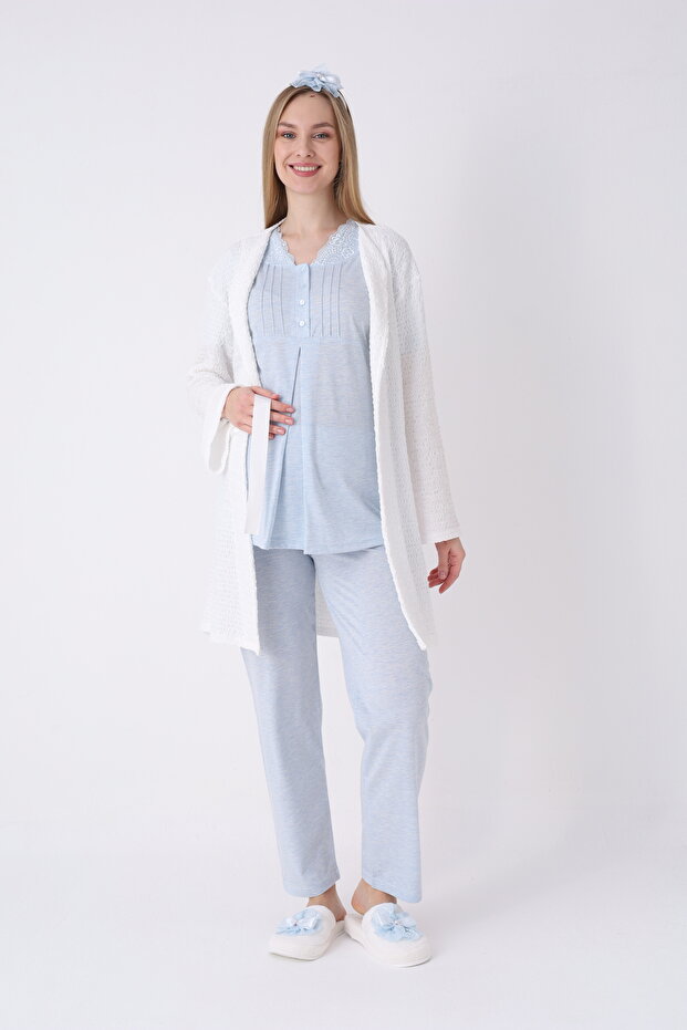 Pajama Set with Robe and Short Sleeves for Maternity and Pregnancy, Set of 3