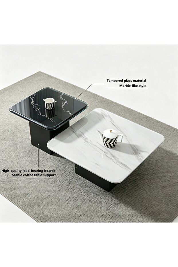 Coffee Table Glass Marble Pattern Square Side Tables,Black & White Stackable Center Tables - 5