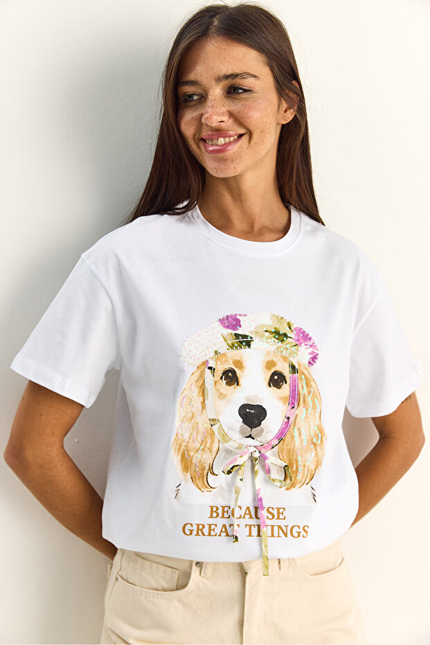 Women's White Print and Sequin Detailed Bow Basic T-Shirt 7643 60286115