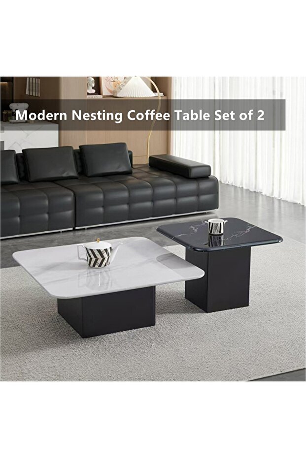 Coffee Table Glass Marble Pattern Square Side Tables,Black & White Stackable Center Tables - 2