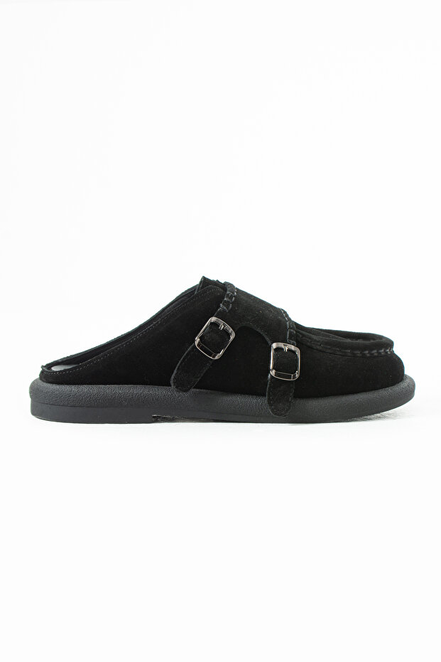 Urban Black Suede Genuine Leather Sabo Slippers