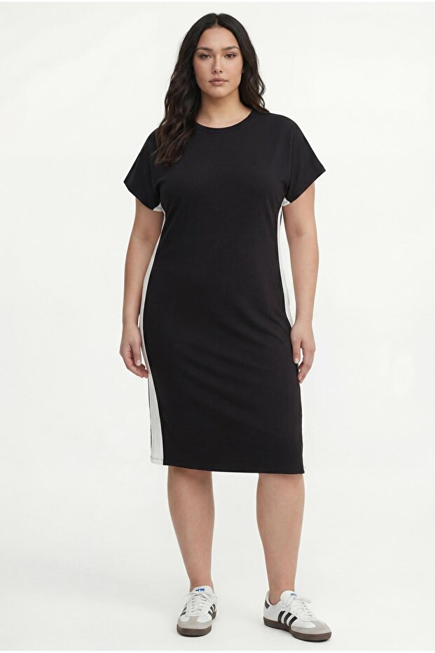 Women's Plus Size Extra Comfortable Fit Black Dress with White Line Trim