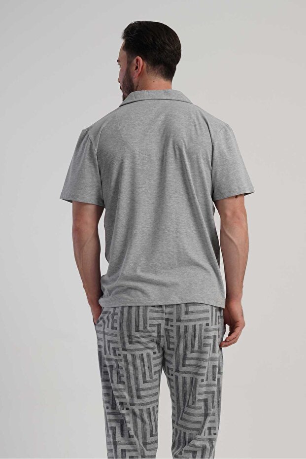 Men's Gray Lyc Suprem Shirt Collar Buttoned Short Sleeve Pajama Top